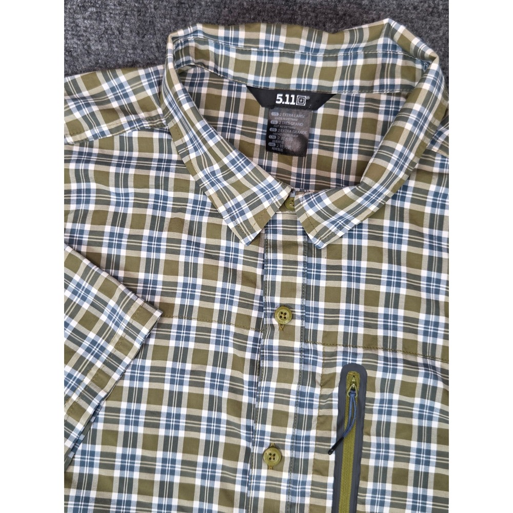 5.11 Tactical Short Sleeve Shirt Mens 2XL Green Plaid Button Up Zip Pocket